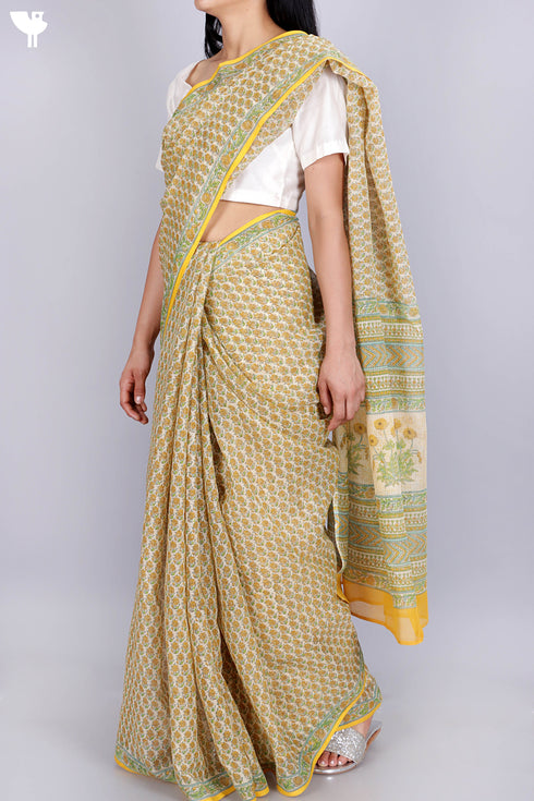 Kota Doria Saree In Floral Block Print